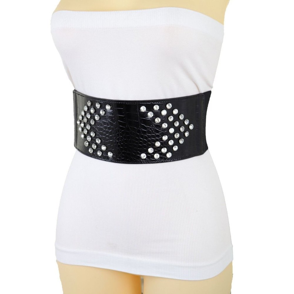 Women Wide Faux Leather Black Color Elastic Waistband Belt Silver Arrow Size S M